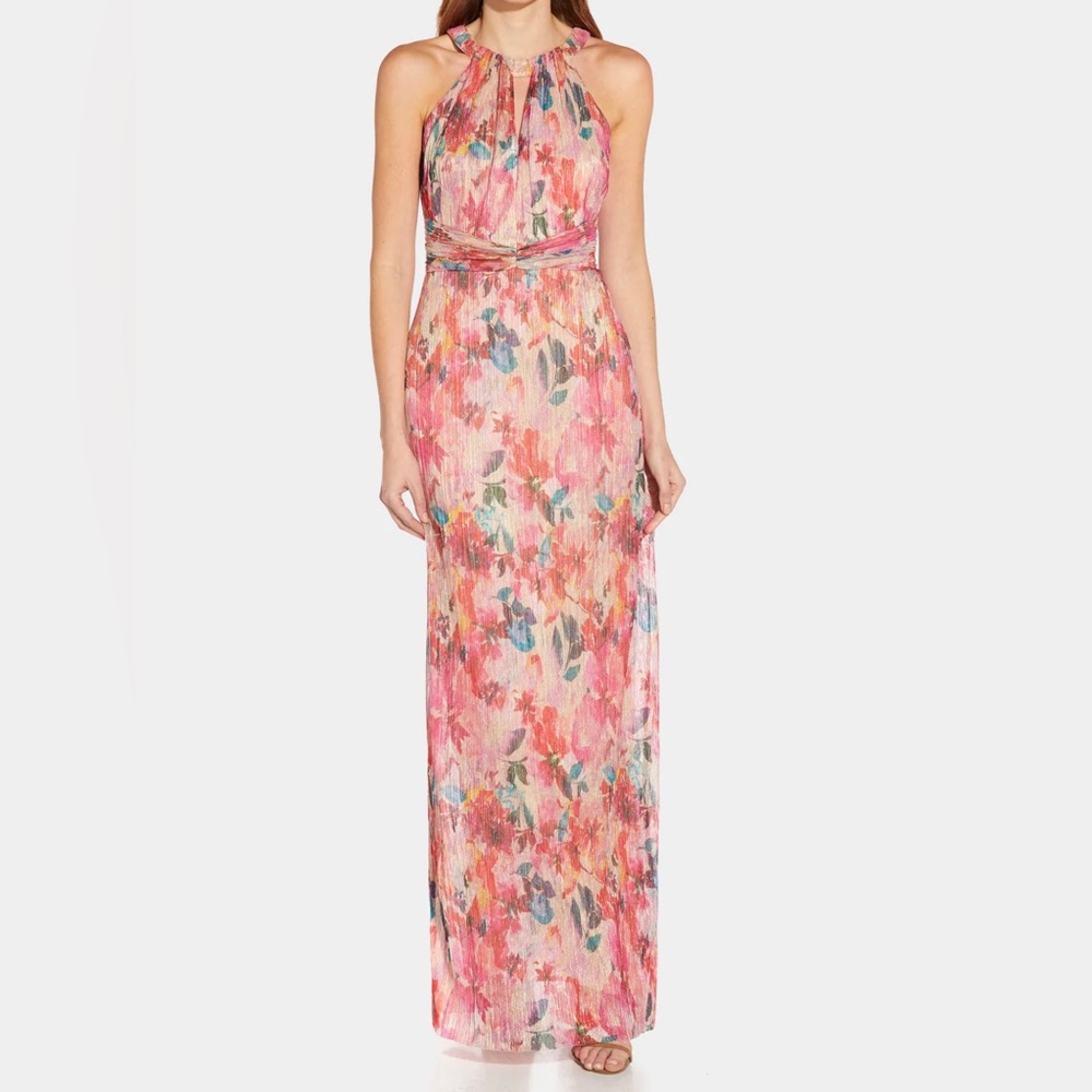 Adrianna Papell Metallic Pleated Halter Gown